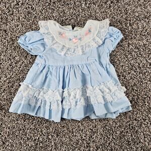 Vtg Baby Girls Sz 3-6M Frilly Ruffled Formal Dress Light Blue White Lace